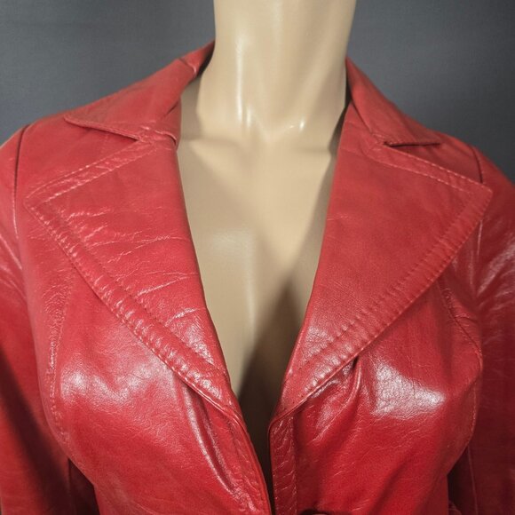 Vintage 90s Red Leather Jacket Blazer Dagger Collar Fitted Womens Size XS - Picture 2 of 9